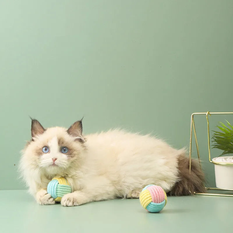 Four handmade plush cotton ball cat toys in blue powder, green blue, and pink green colours for teeth grinding play
