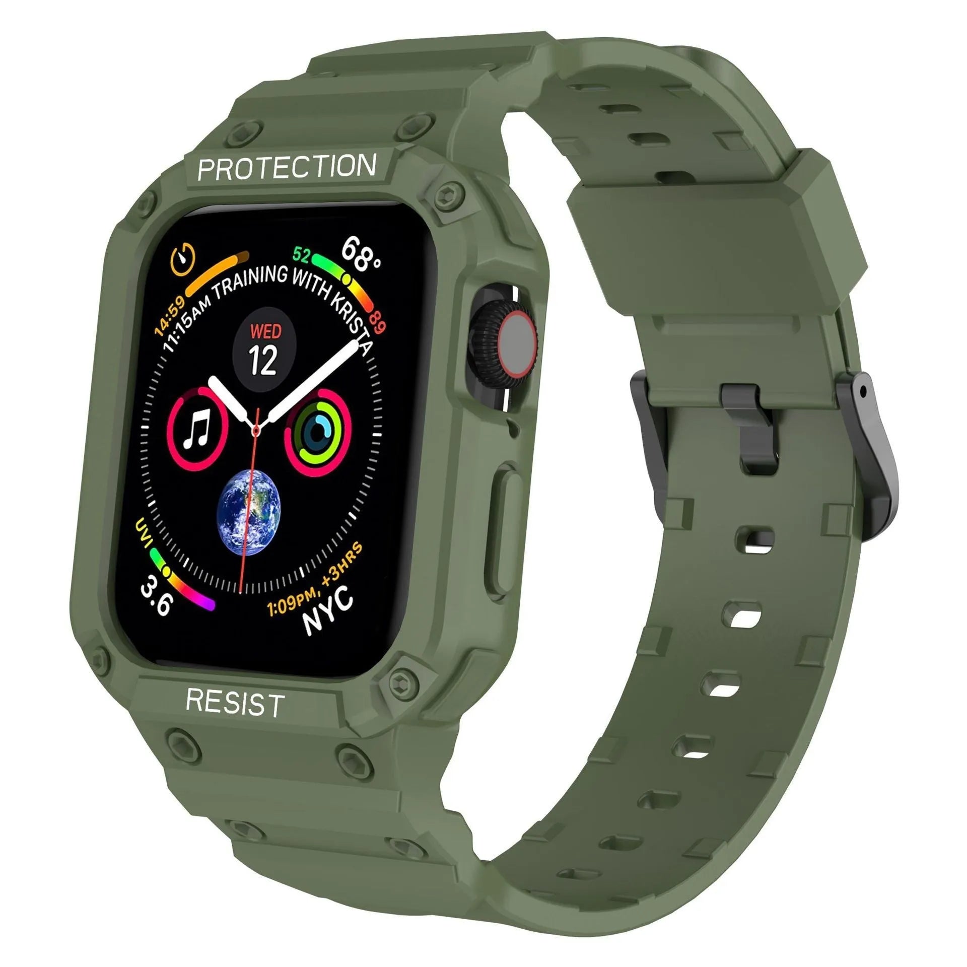 Soft TPU Apple Watch sport strap in multiple colours on a white background, showing 38mm and 42mm size options.