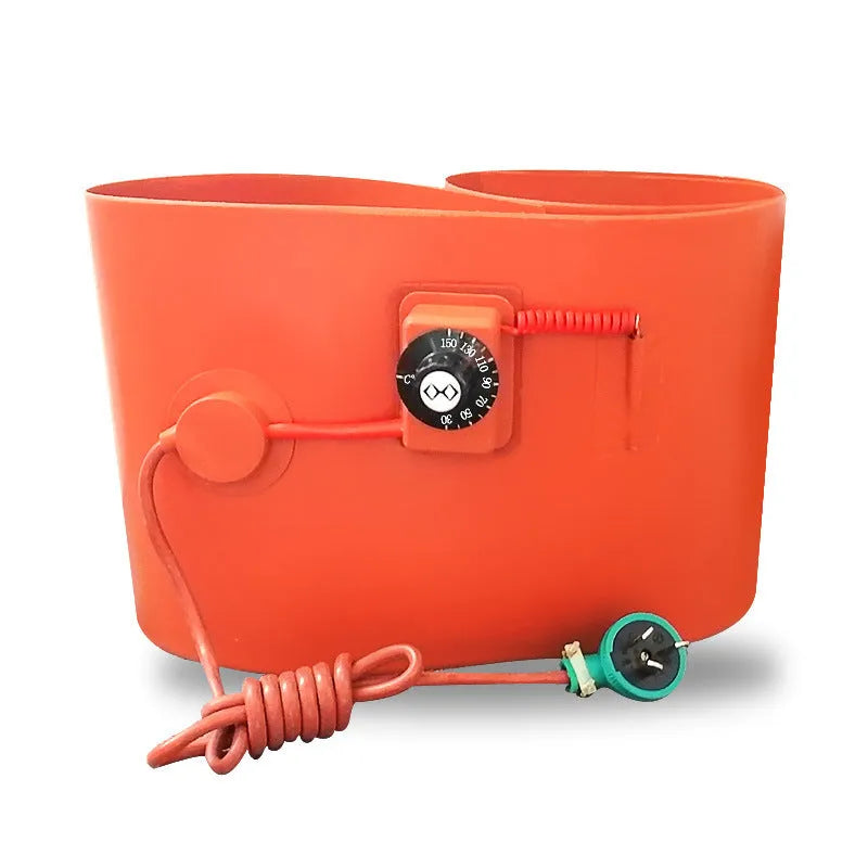 Silicone rubber heating belt wrapped around 200-litre oil drum with digital control display