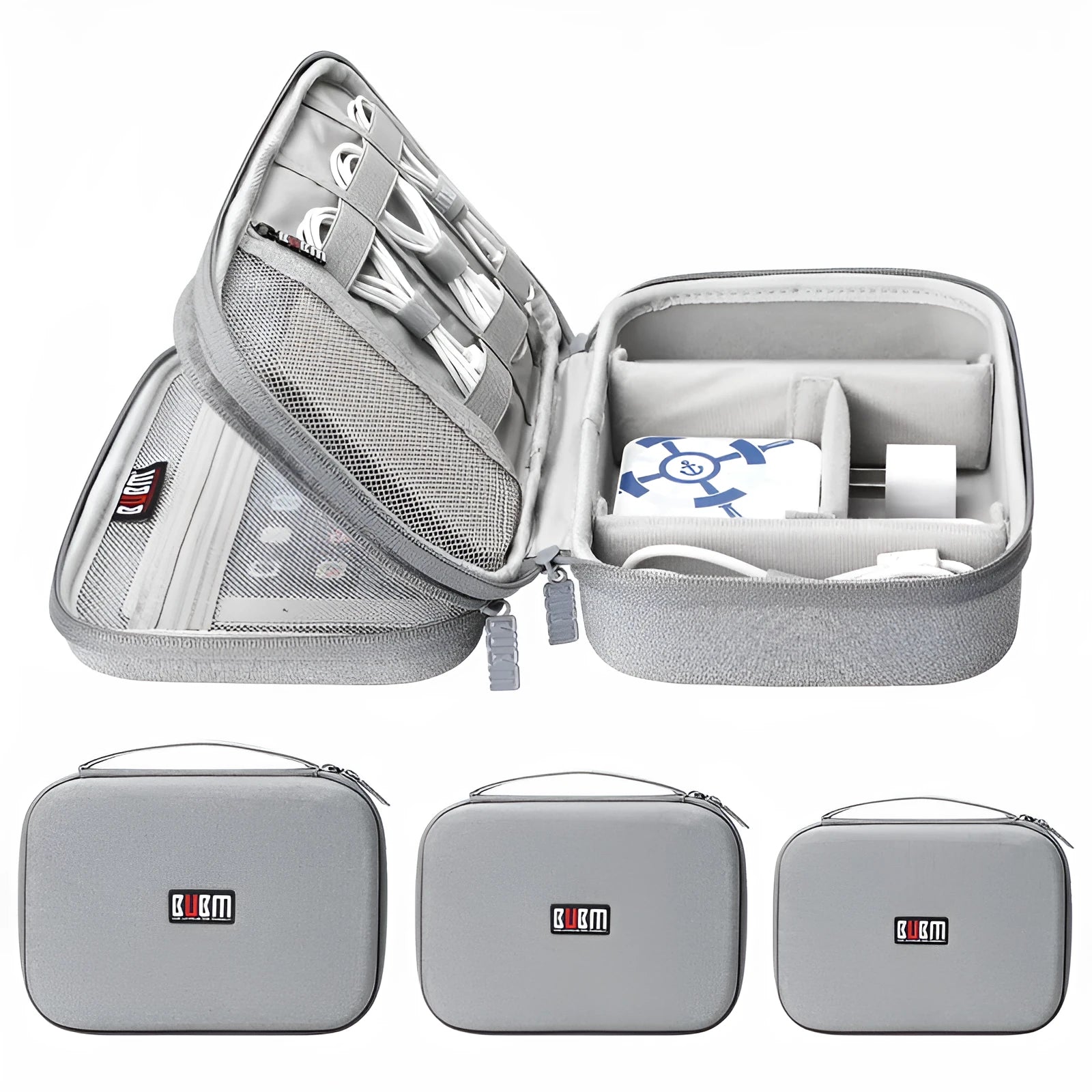 Black and grey EVA digital storage bag organiser for headphones and cables.
