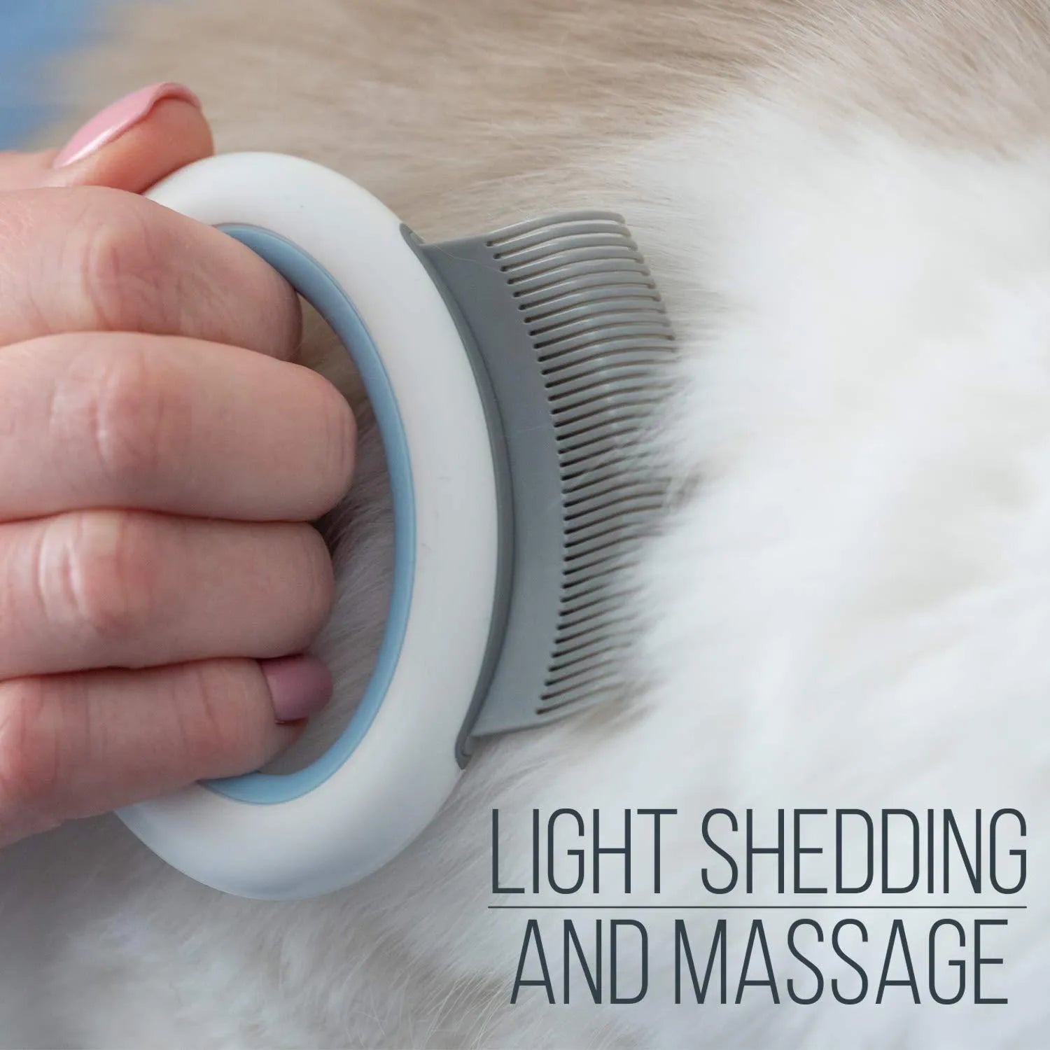 Blue pet grooming comb for cats and dogs with deshedding teeth on plastic handle