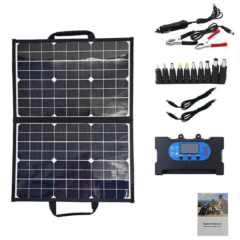 Black 40W monocrystalline solar panel folded inside its portable bag.