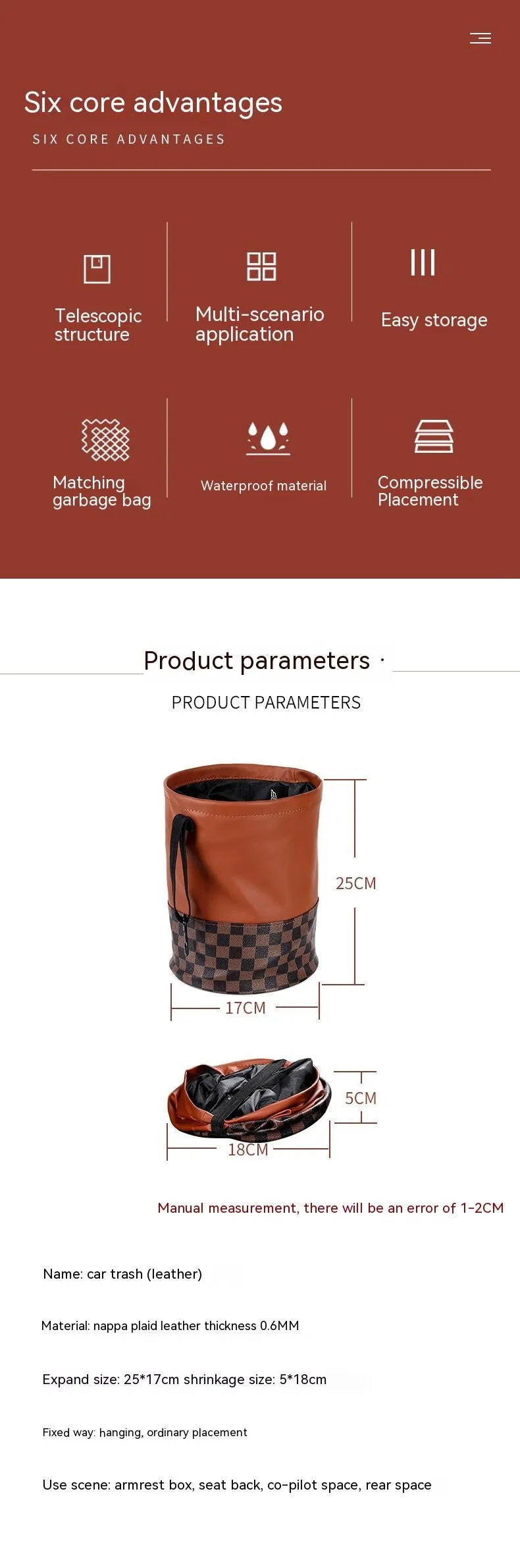 Leather retractable folding car trash can with handle