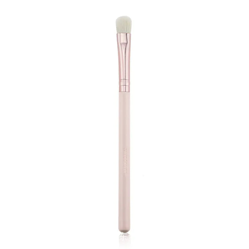 26 pink makeup brushes with wooden handles arranged in a PU carry case.
