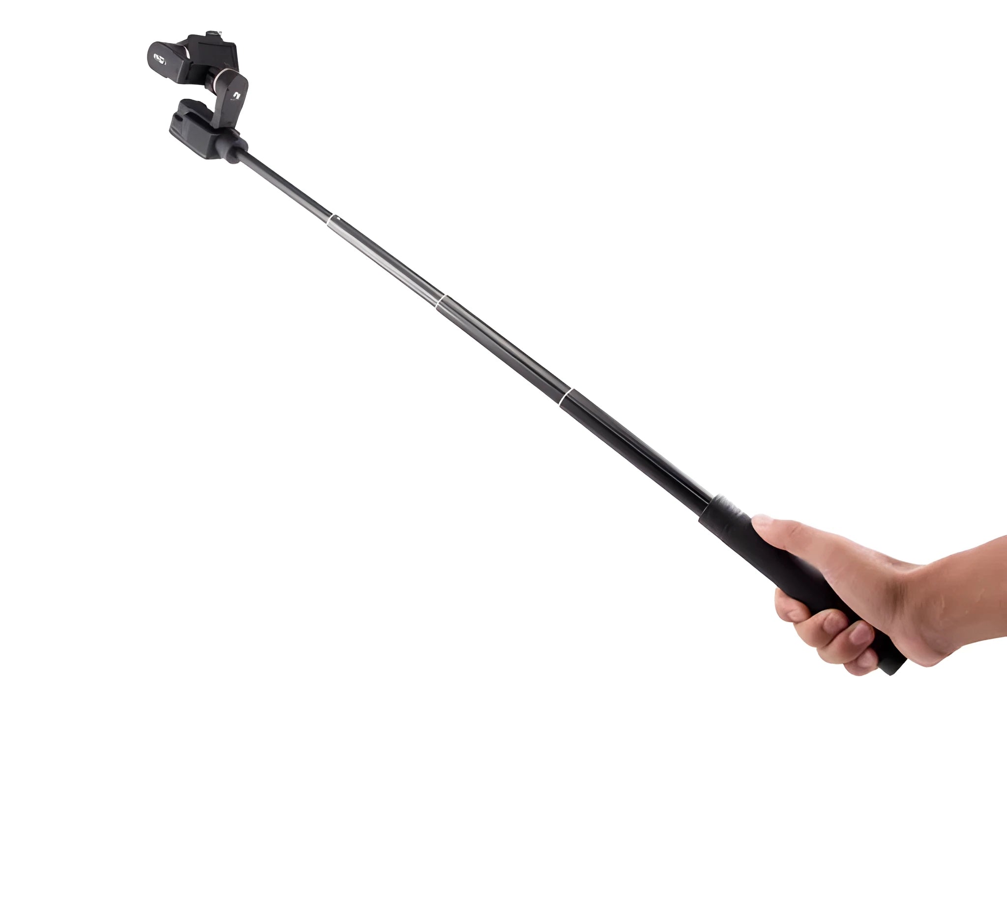 Black retractable selfie stick with extended length and phone mount attachment for mobile photography