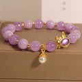 Natural mauve jade crystal rabbit bracelet with hare head charm on crystal beads, mori style, 18cm length