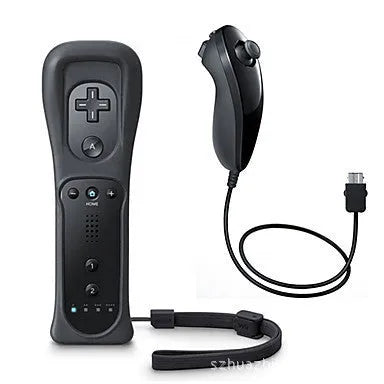 Wii left and right wireless gamepad controllers with rubber sleeve on right controller