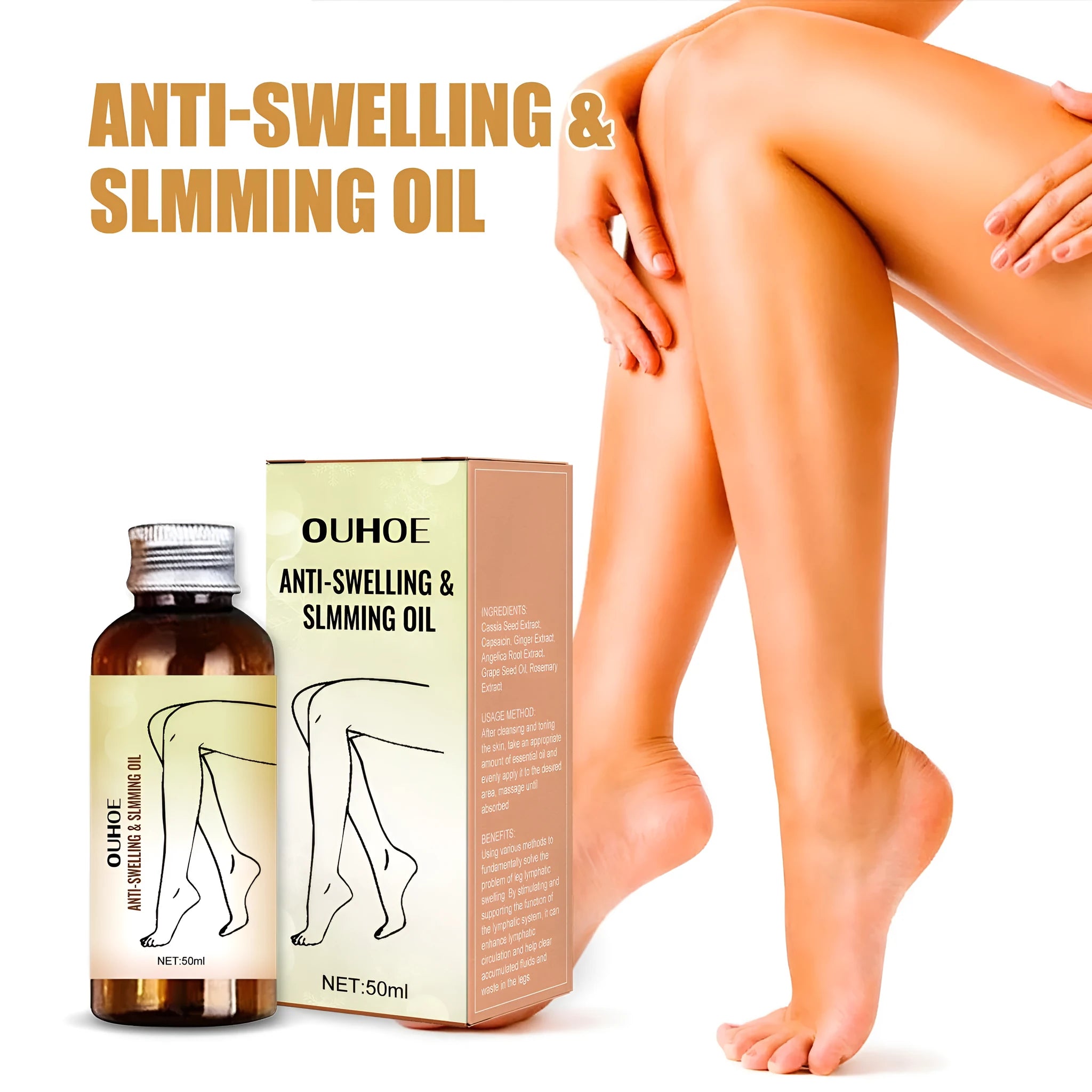 50ml bottle of moisturising body oil with botanical extracts for leg massage and skin care