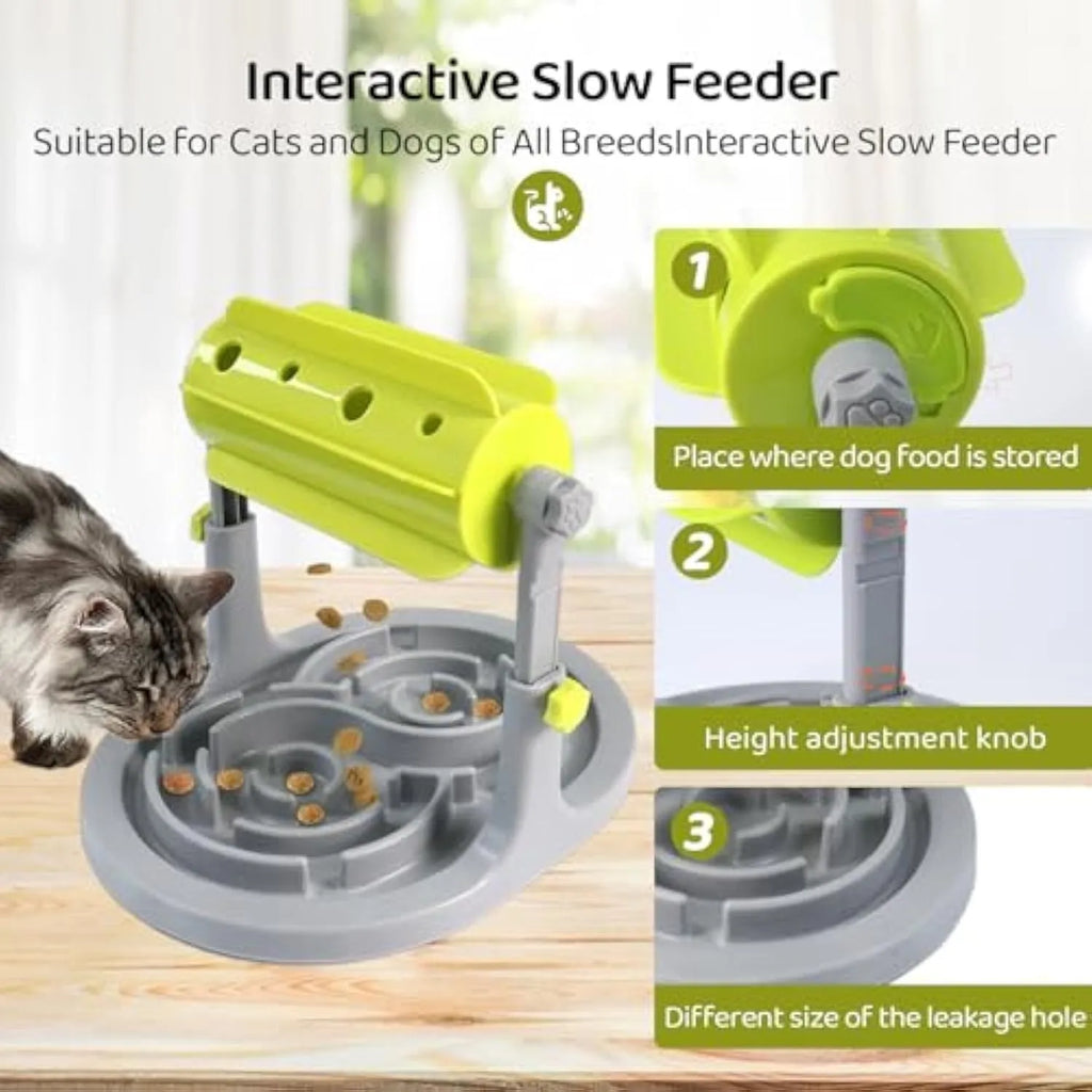 Blue interactive pet food puzzle toy with adjustable height and irregular raised patterns for slow feeding
