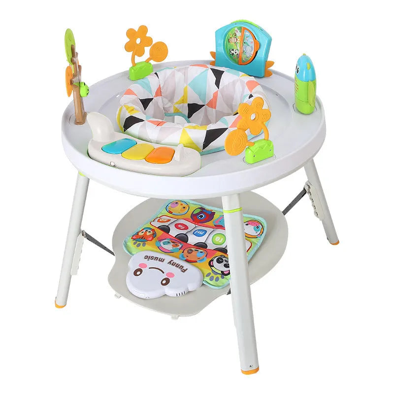 Three-function baby jumping chair with bouncing frame, gymnastic rack and interactive toys in duck design
