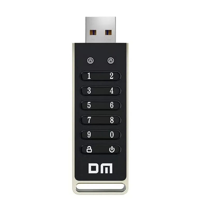 Metal USB flash drive with fingerprint scanner showing 64GB capacity and USB 3.0 connection