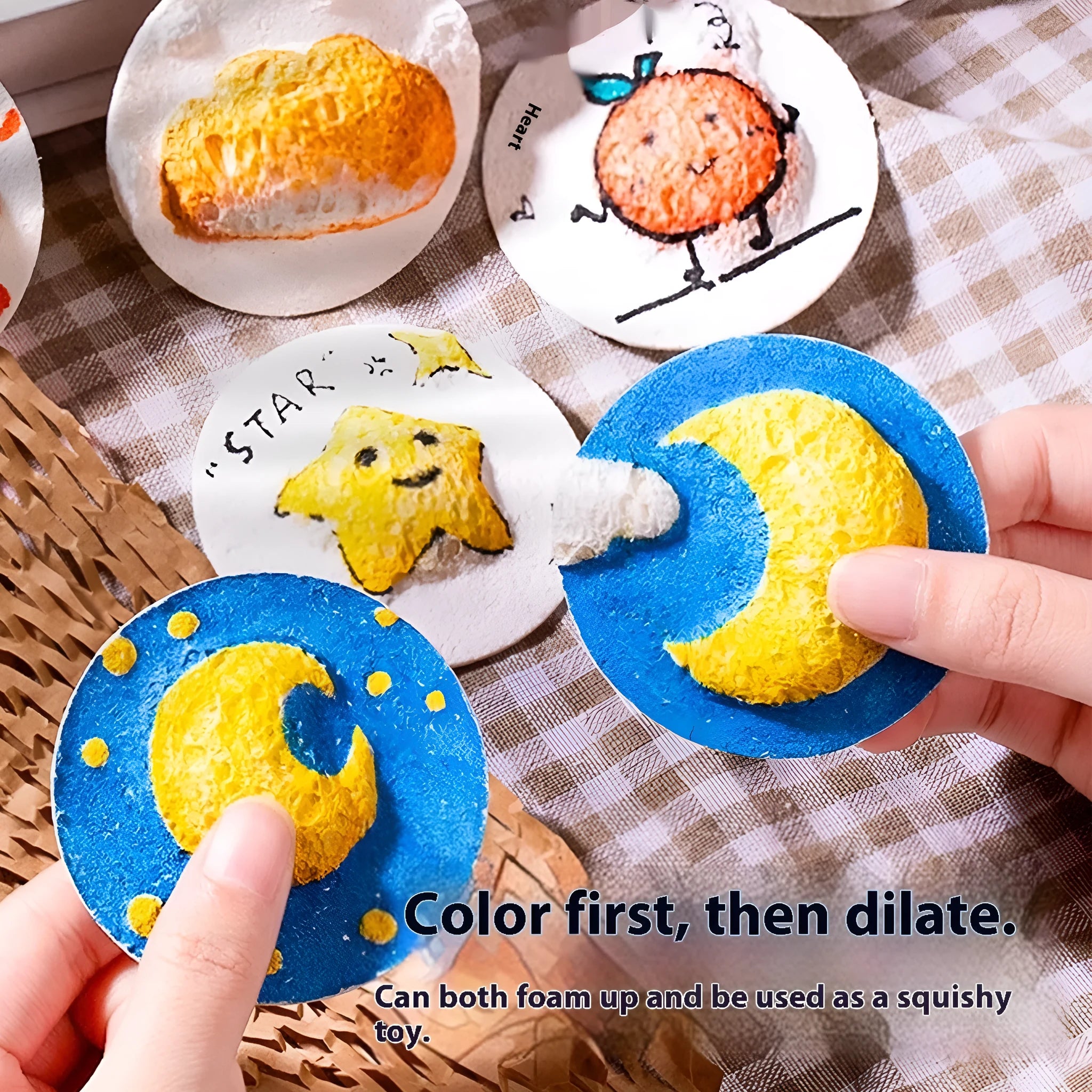 Painting sponge creative set showing heart, round, and square sponges with fountain pens and wood pulp paper