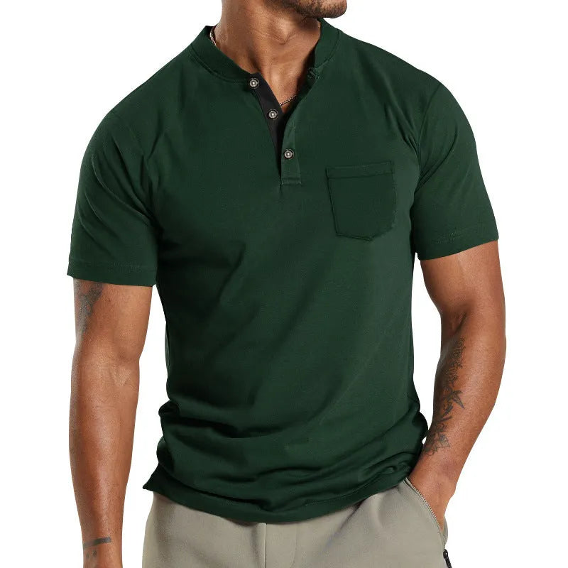 Men's solid colour short sleeve polyester shirt with a button pocket, shown in Army Green.