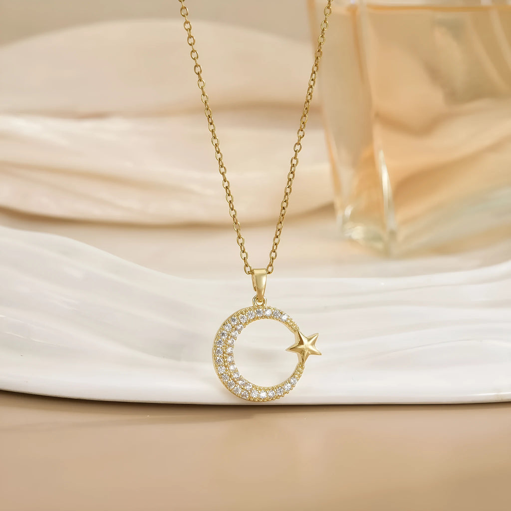 Gold electroplated geometric moon zircon pendant on titanium steel O-ring chain necklace