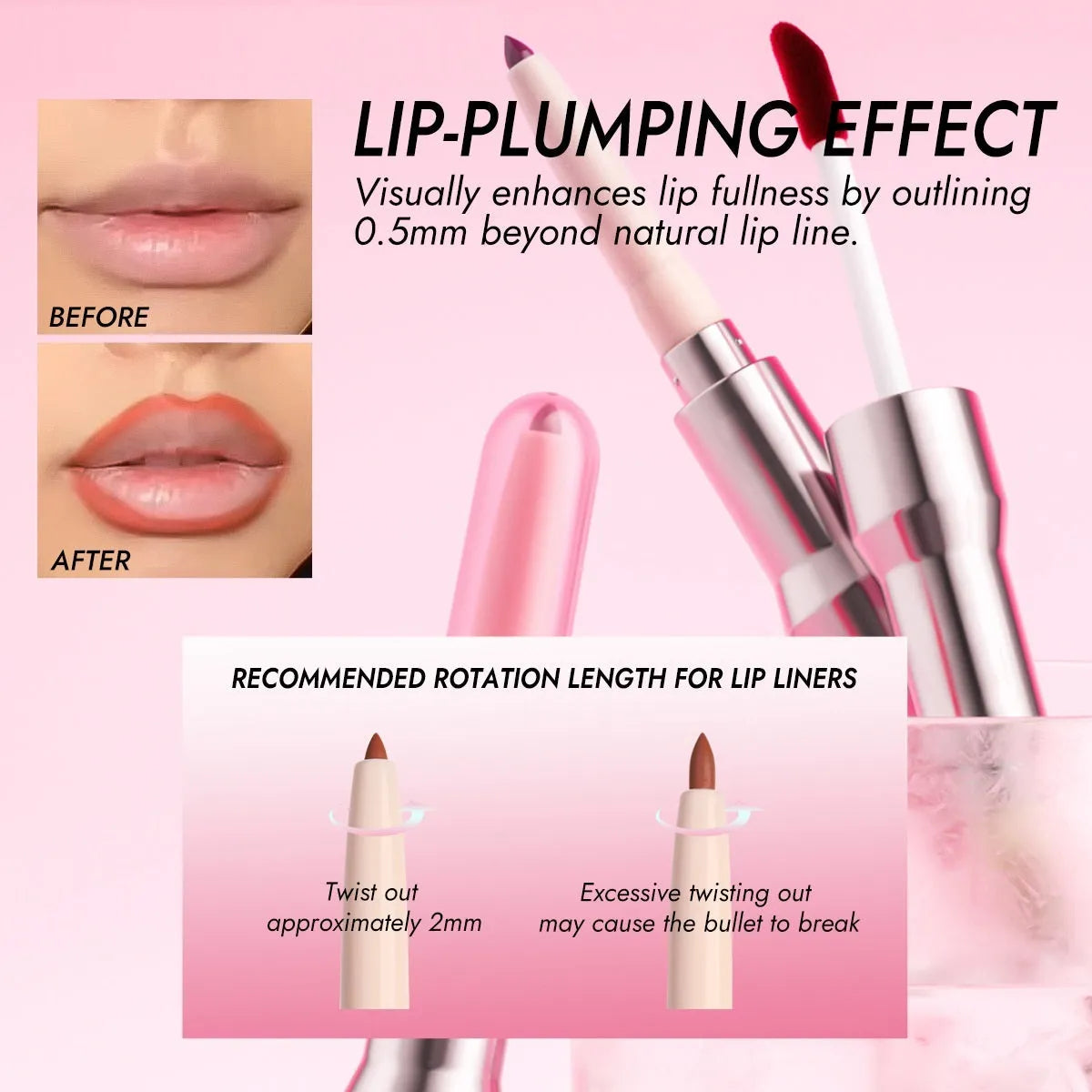 Double-headed lip liner and mirror lip gloss two-in-one with natural stereo effect, six colour options