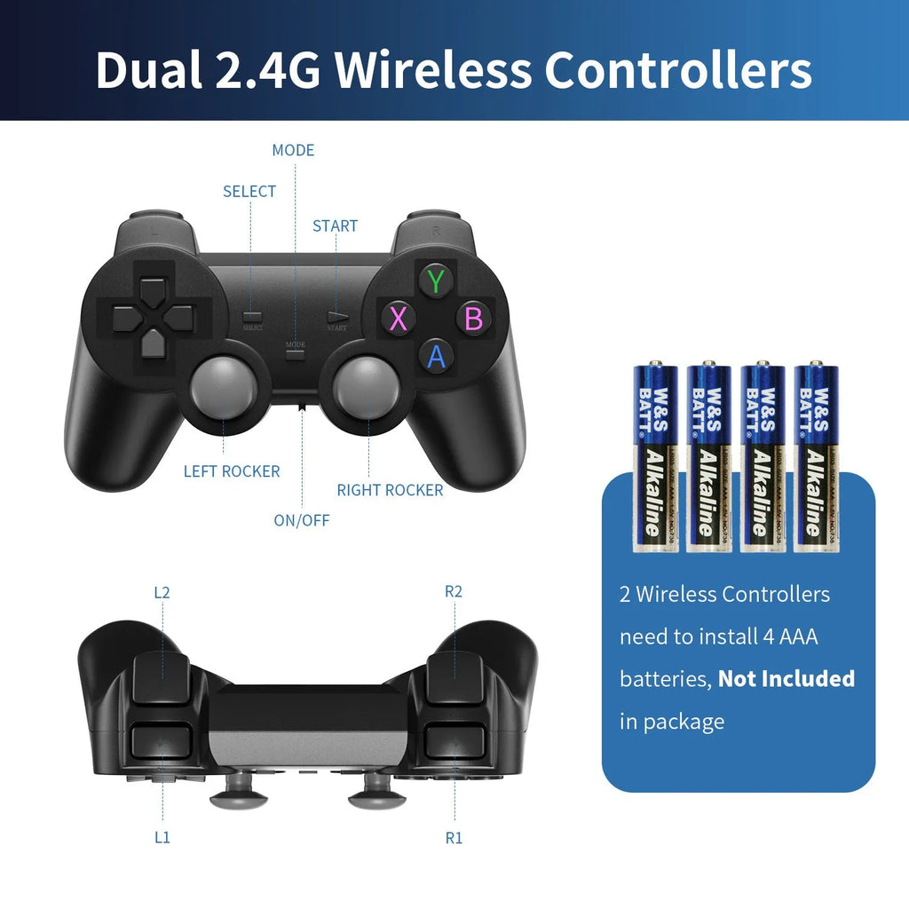 4K wireless open-source TV game console with HDMI cable and wireless handle on ABS housing