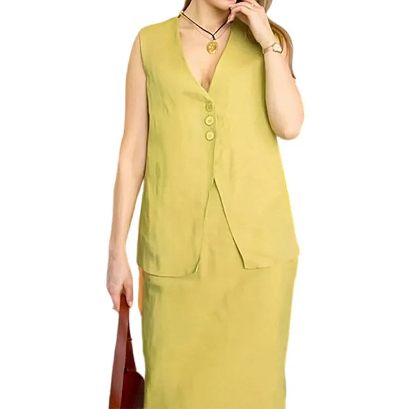 Women's casual white polyester vest and long skirt two-piece suit set on a hanger