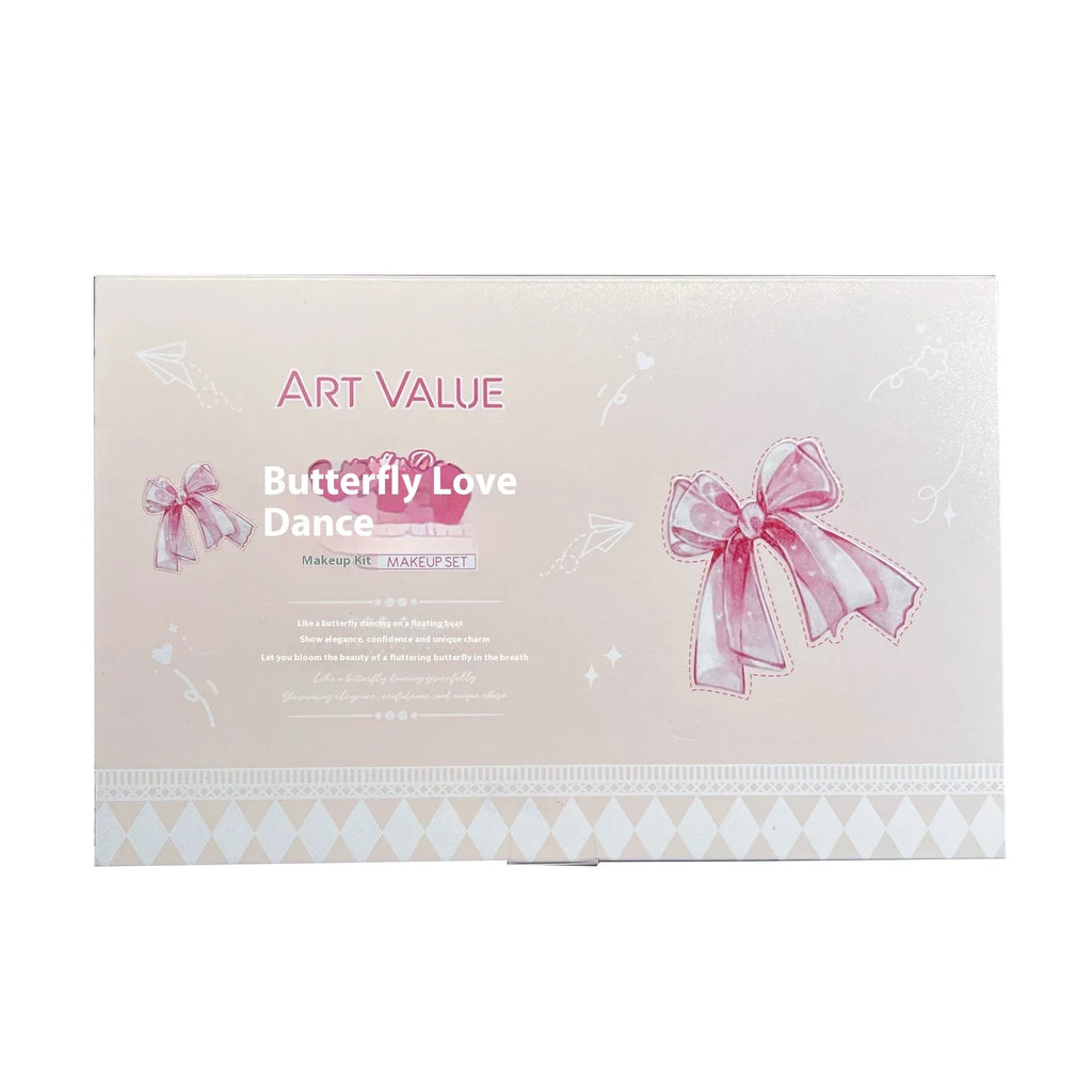 Butterfly Box makeup set with four lip mud tubes, powder blusher compact, and matching necklace on pink background