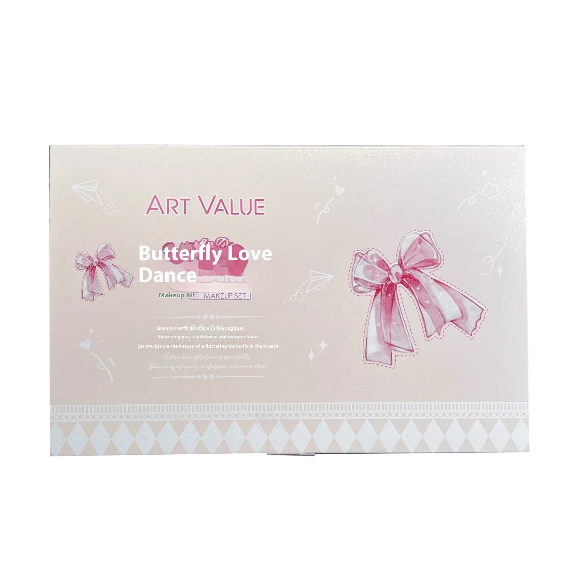 Butterfly Box makeup set with four lip mud tubes, powder blusher compact, and matching necklace on pink background
