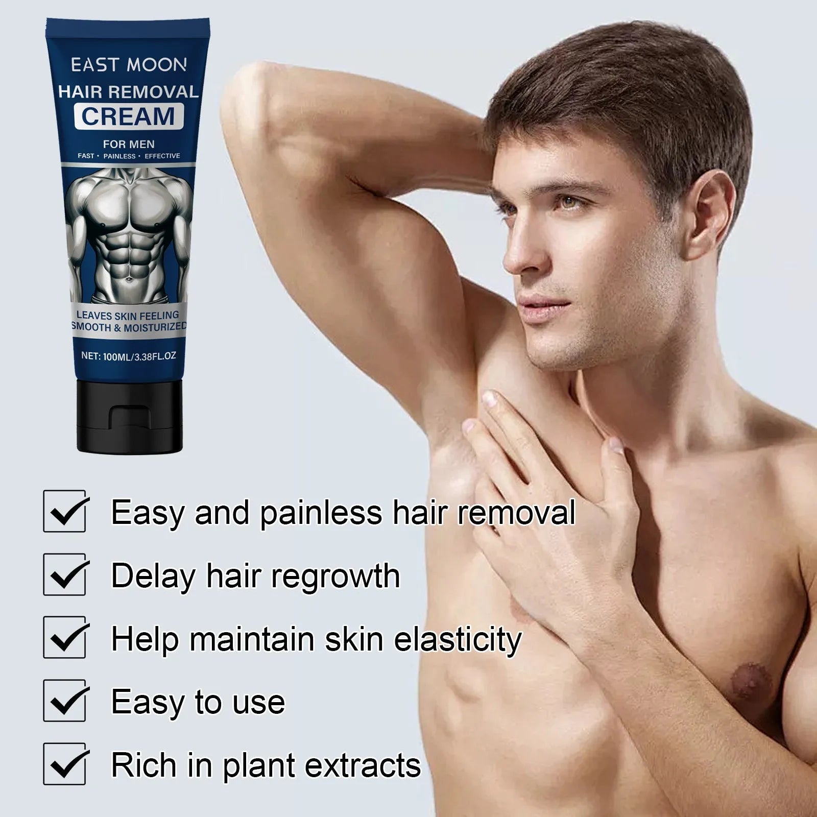 100ml tube of men's mild hair removal cream for beard, armpit, hand, and leg use.