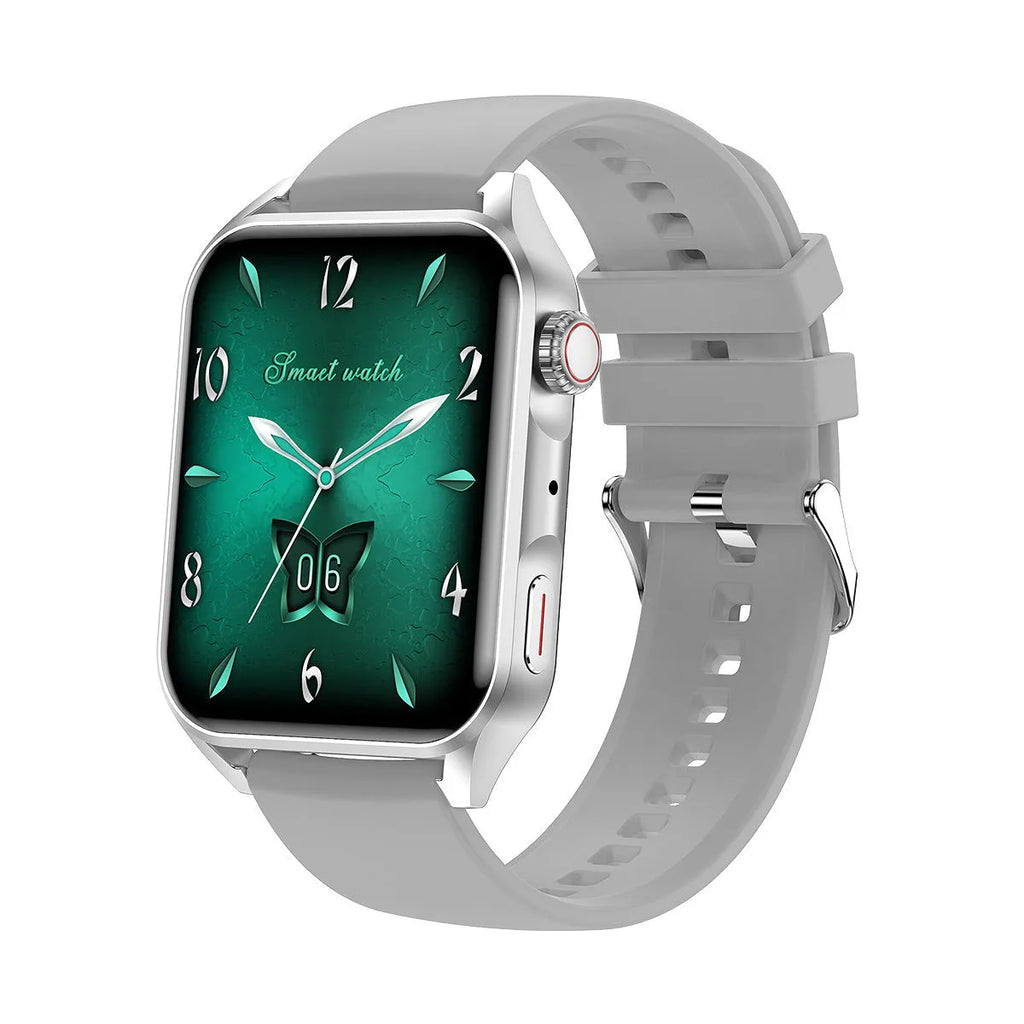 Smart watch with AMOLED display and silicone strap showing multiple watch face designs