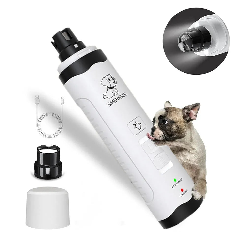 White electric pet nail trimmer with LED indicator light and dust collection chamber for dogs