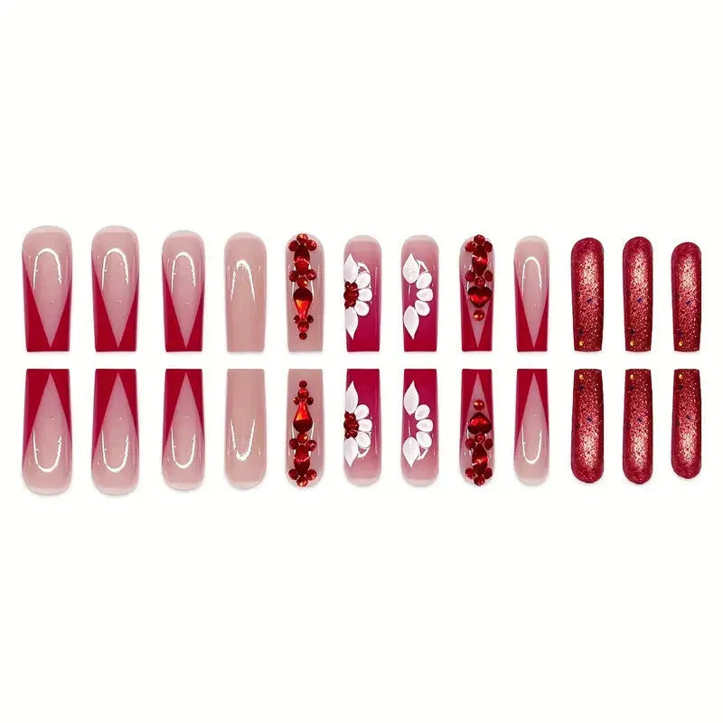 Sweet floral pattern fake nails with prismatic red diamonds in European square shape