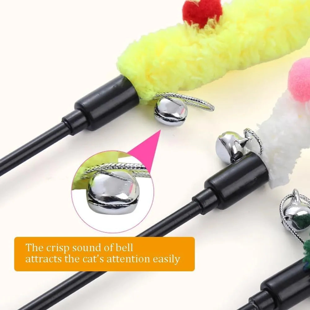 Cat wand toy with long plush strip and colourful ball with bells on 41cm pole
