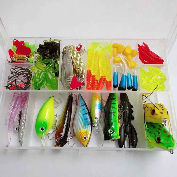 142-piece fishing lure suit set with hard mino sequins, metal hooks, and plastic lures arranged in case
