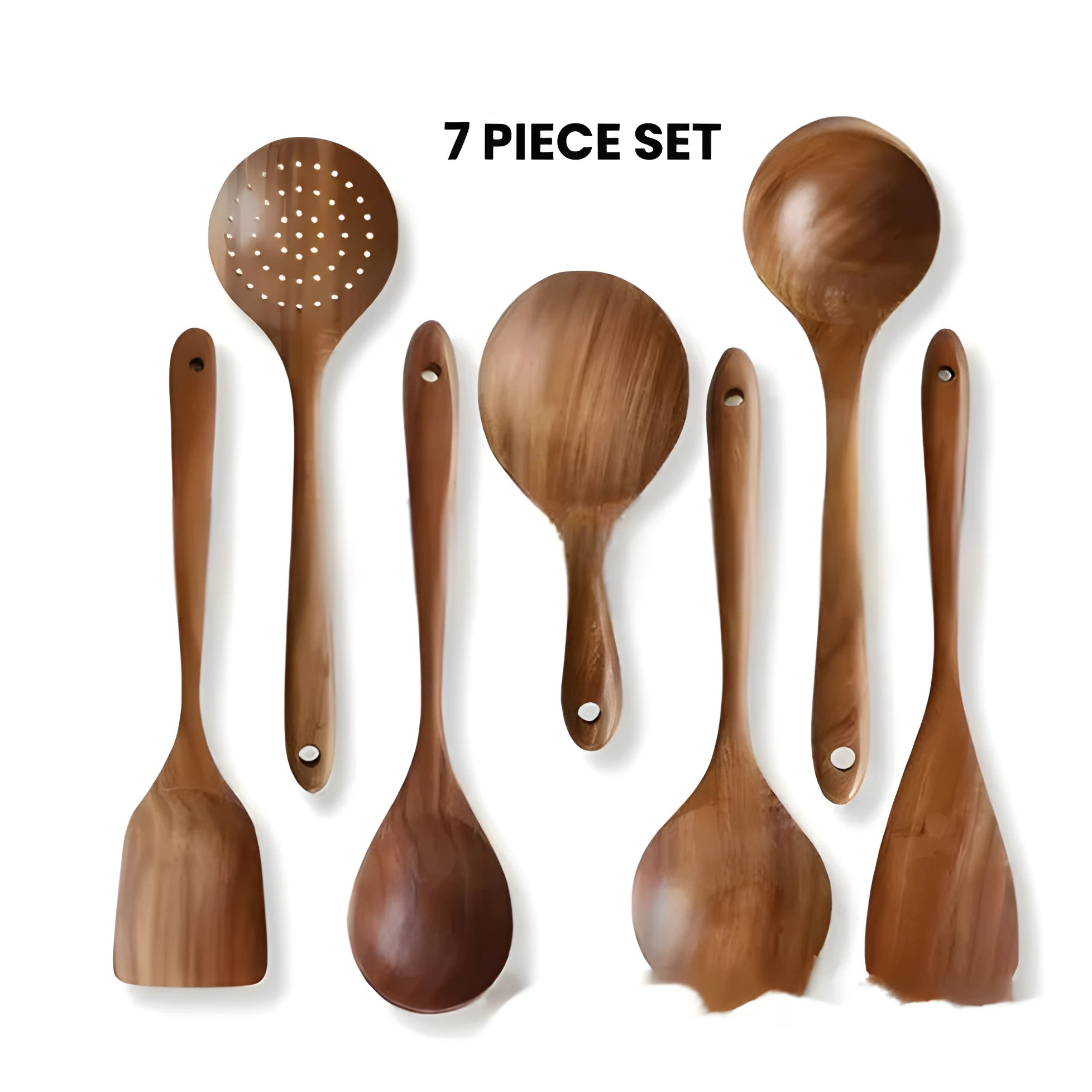Seven-piece wooden spoon and spatula kitchen utensil set in natural wood finish