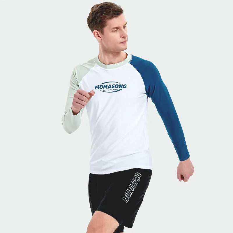 White long-sleeved swim top with matching double layer beach trunks for men