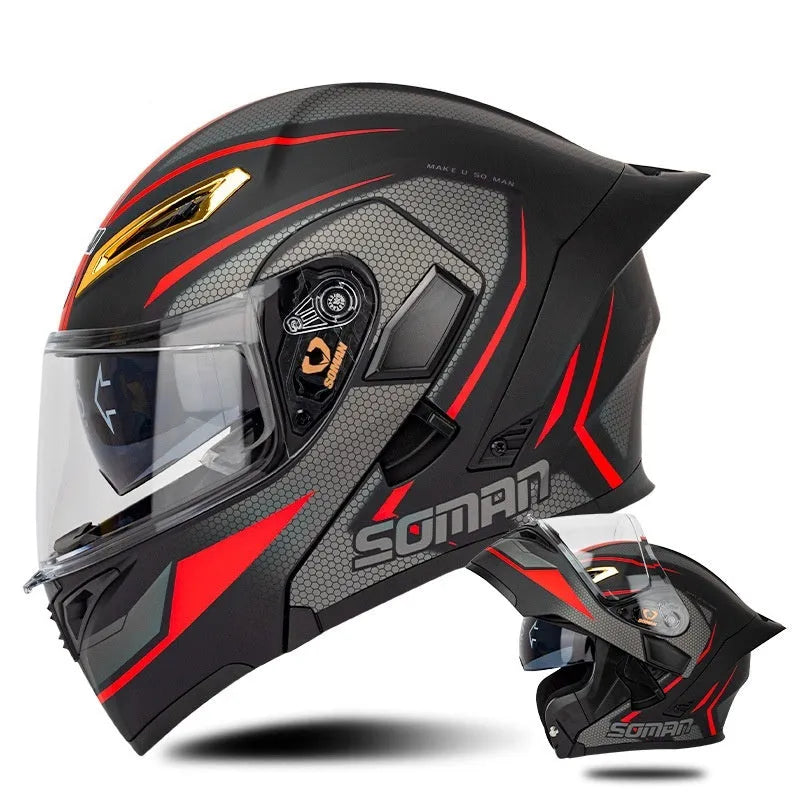 Double lens exposed motorcycle helmet in bright black and green lines with sun visor