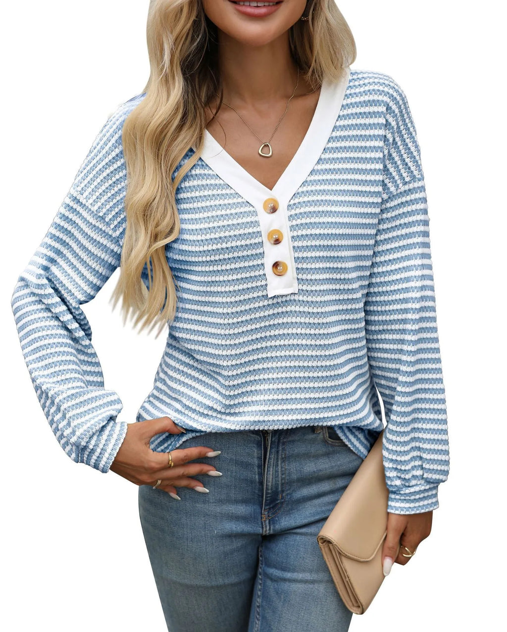 Women's patchwork V-neck pullover top in loose fit with long sleeves
