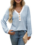 Women's patchwork V-neck pullover top in loose fit with long sleeves