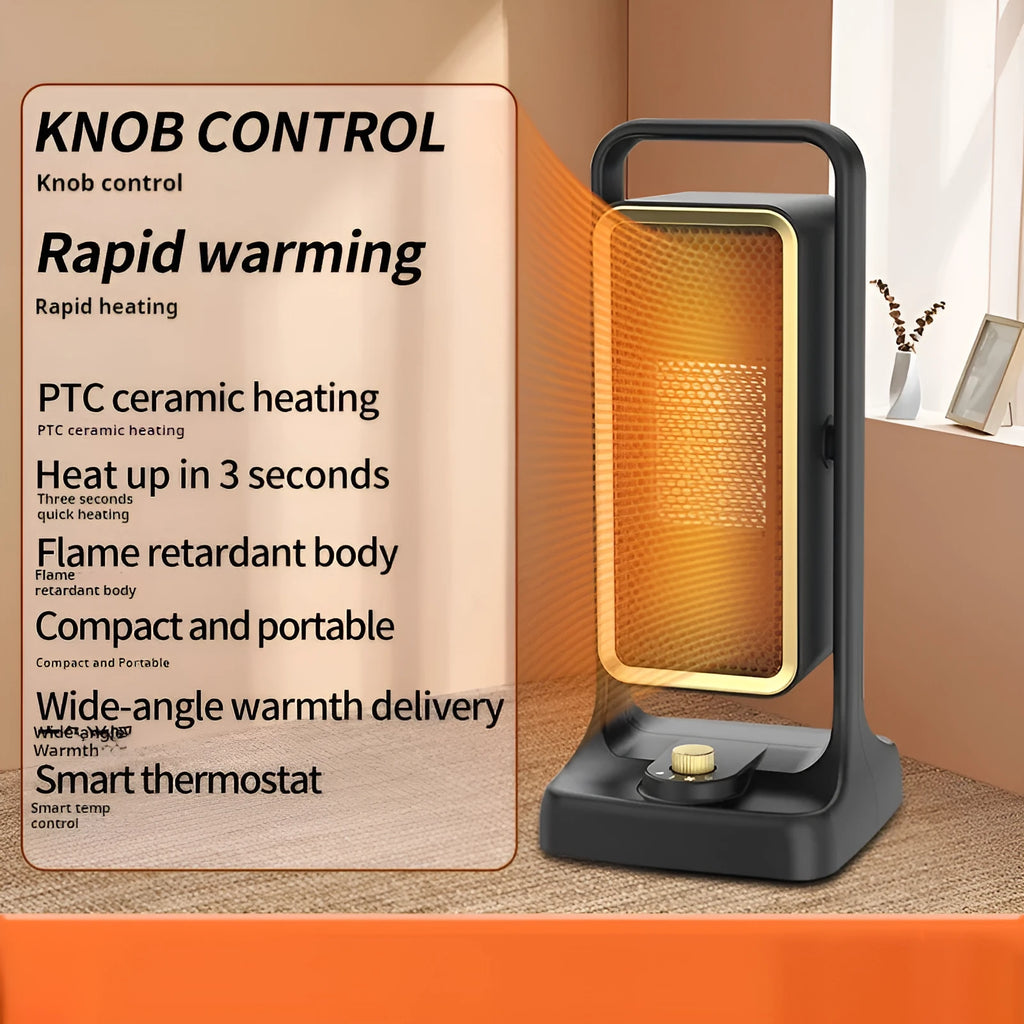 Black desktop PTC ceramic heater with knob control and compact design