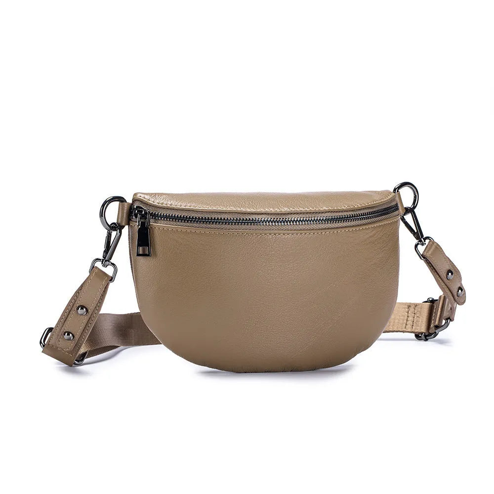 Genuine leather women's messenger bag with sewing thread detail in beige colour