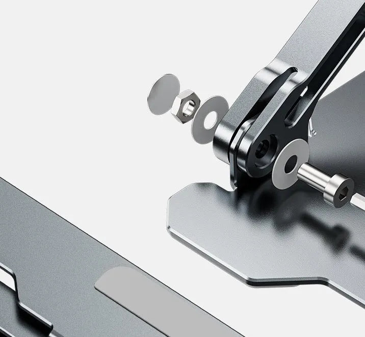 Adjustable aluminium laptop stand in grey or white, showing folding mechanism and silicone protection pads