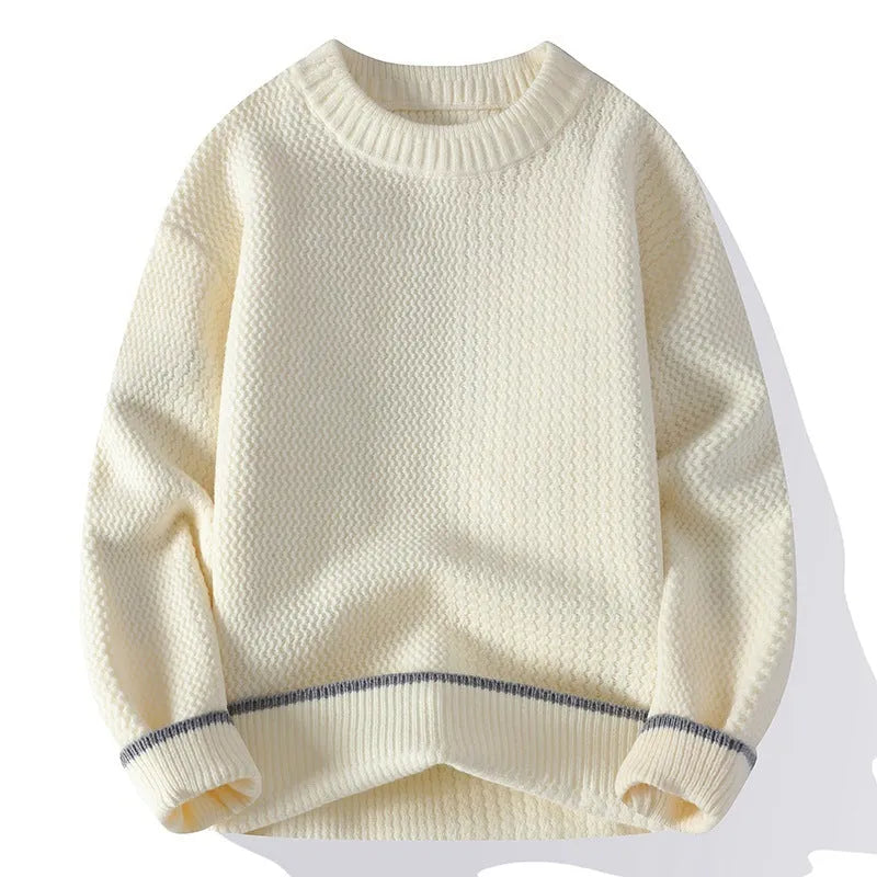 Grey men's loose fit round neck long sleeve casual pullover sweater on a hanger.