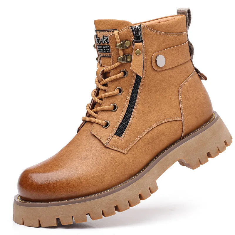 Men's brown leather high-top boot with side zipper and round toe on a rubber sole.