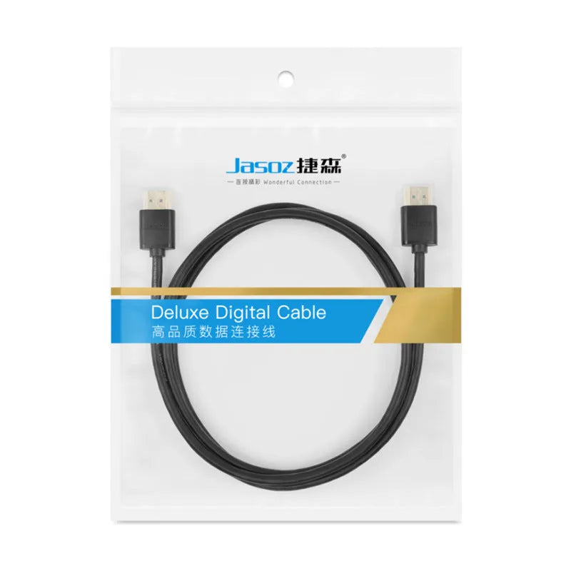 Thin flexible HDMI cable with gold-plated connectors on a white background.