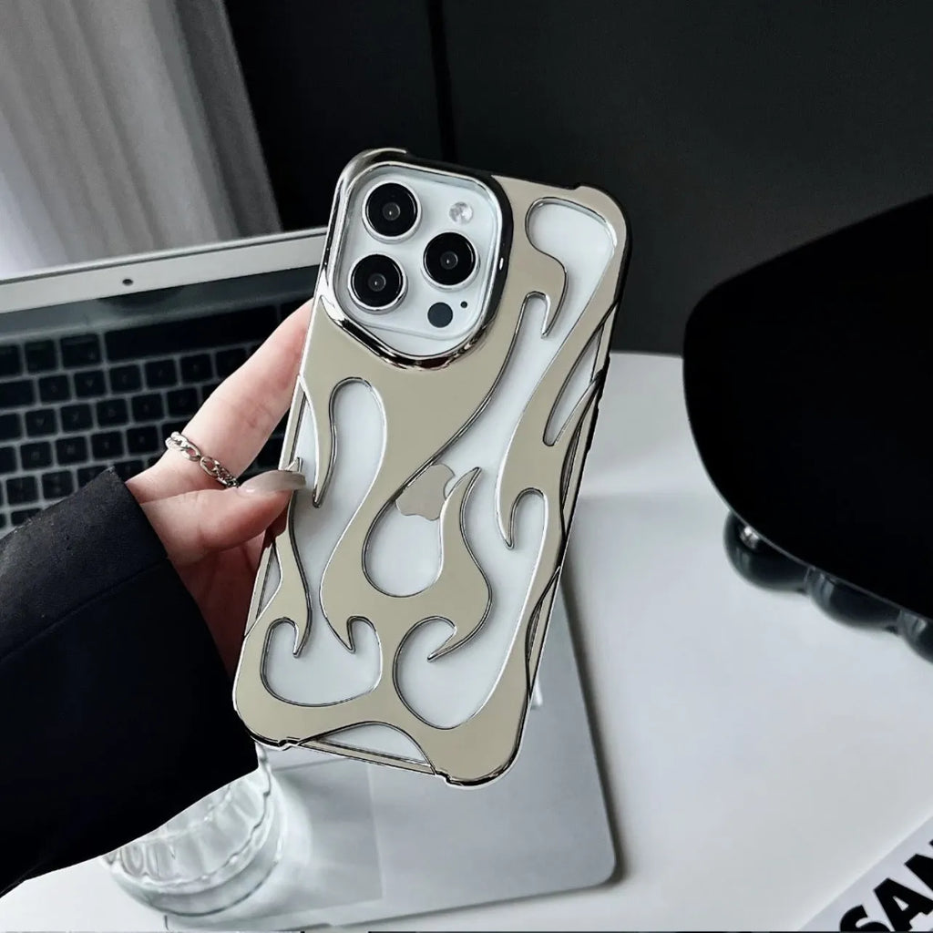 Electroplated hollow flame pattern design on a soft TPU iPhone case, shown in a silver finish.