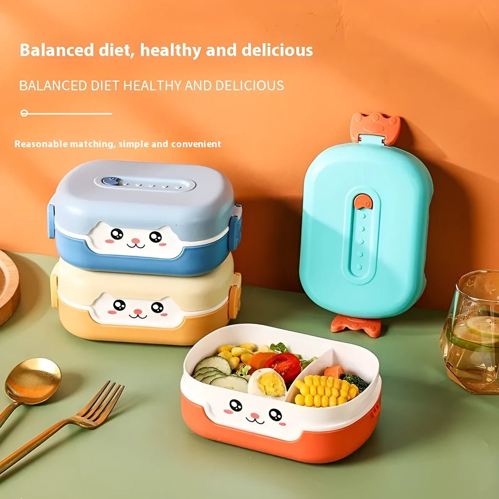 Square plastic lunch box with divided compartments in dark blue, orange, and pink-green colour options