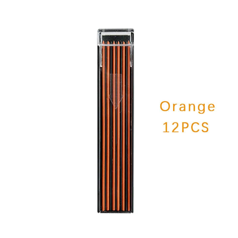 Plastic case containing 12 pieces of 0.5mm erasable mechanical pencil lead refills in rainbow and standard colours