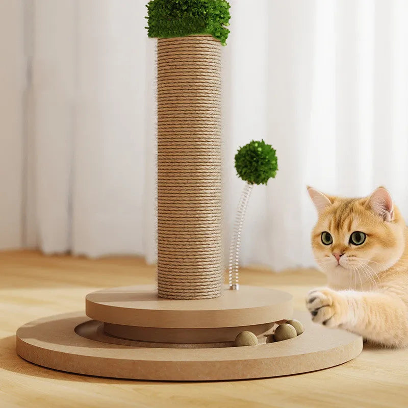 Vertical cat climbing frame with hemp rope posts in Canna colour on a simple density board base.