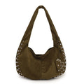 Soft plush tote handbag with adjustable strap in retro style showing black, brown, green, red, and coffee colour options