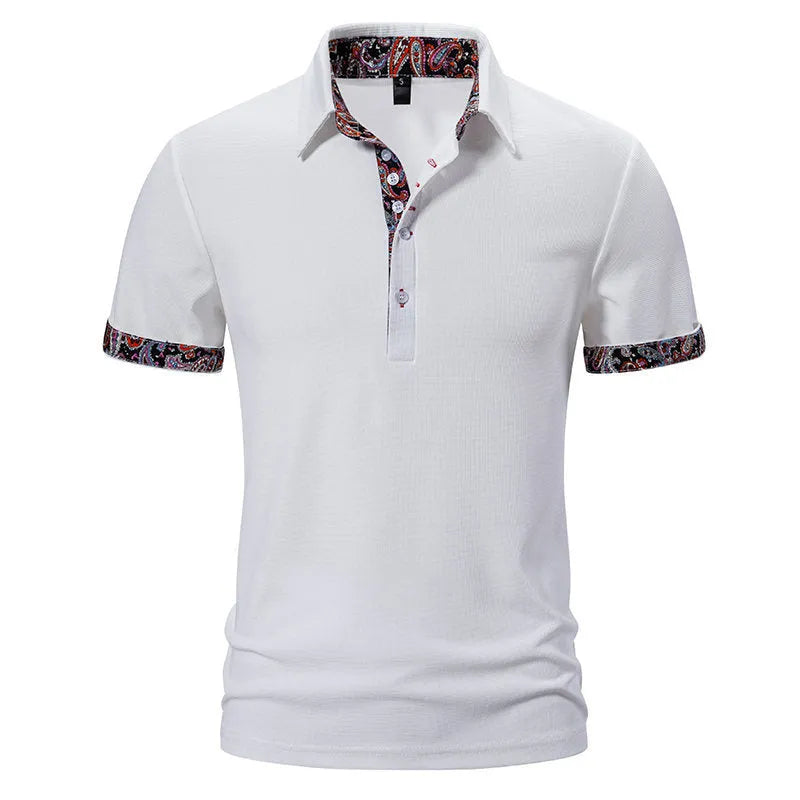 Men's European size polo shirt with colour stitching on turnover collar in cotton blend fabric