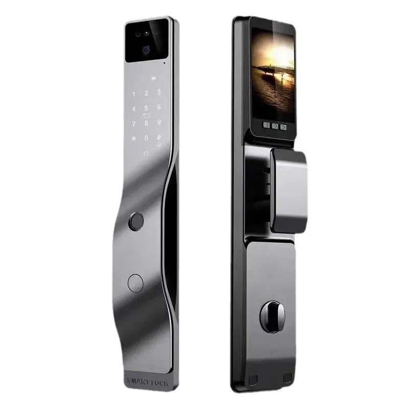 F7 face recognition fingerprint smart door lock in aluminium alloy housing on a wooden door.