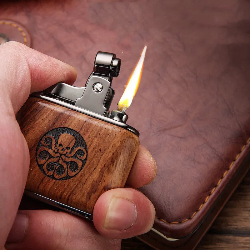 Sandalwood retro wooden kerosene lighter with cotton wick, 53x50x20mm, in Ebony finish, on gift box packaging