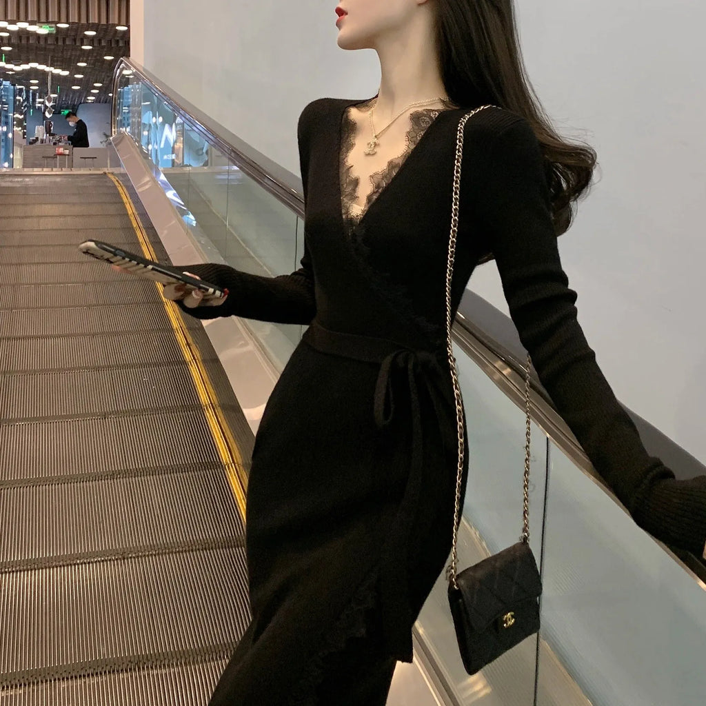 Black slim fit woolen skirt with princess dress styling on mannequin