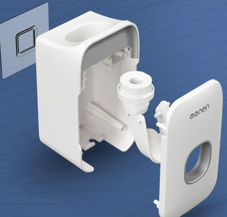 Automatic toothpaste dispenser unit mounted on a wall in a choice of blue, grey, or pink colours.